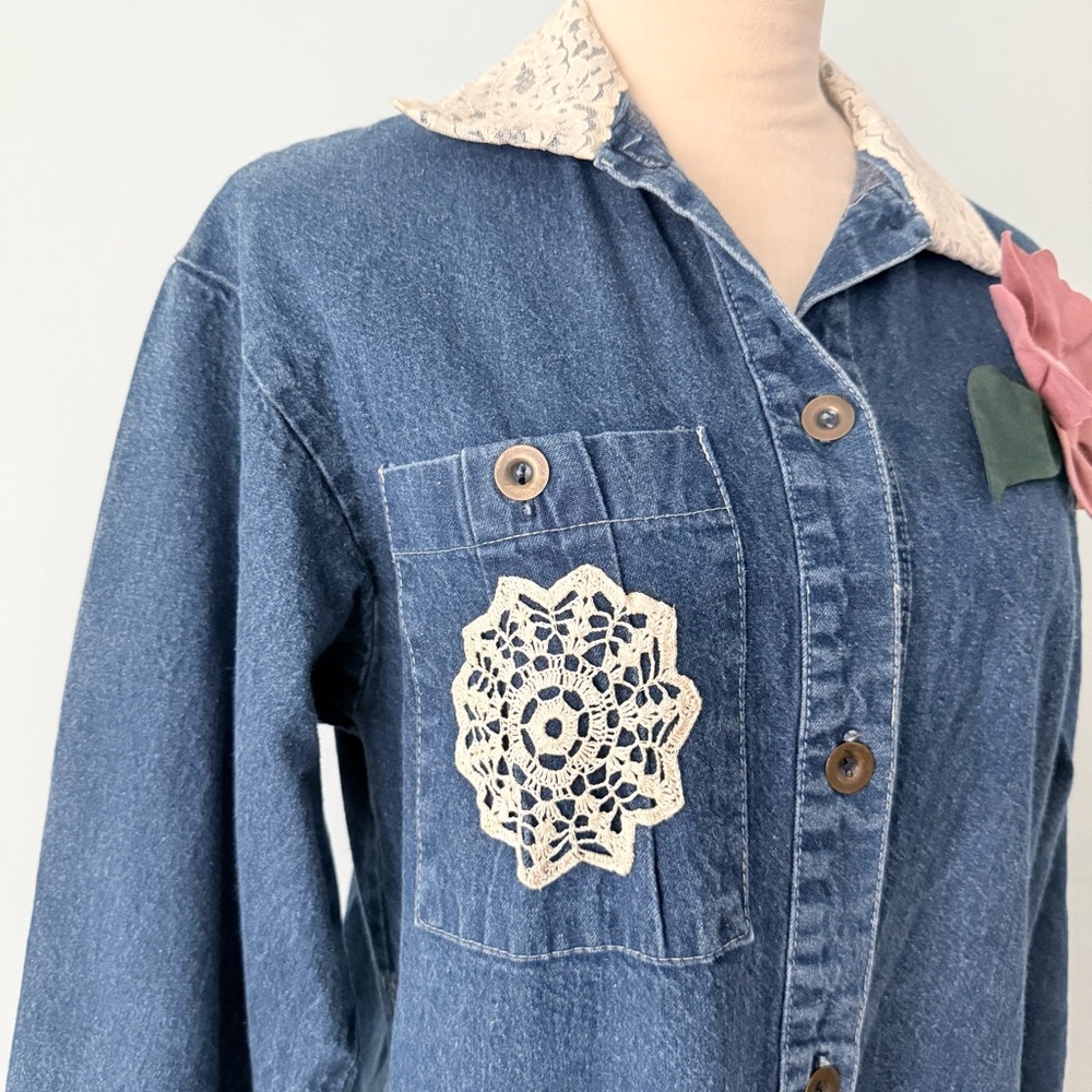 🌸 Grandma Core Reworked Denim Midi Dress Lace Butterfly Cottagecore 🦋 - Picture 4 of 15